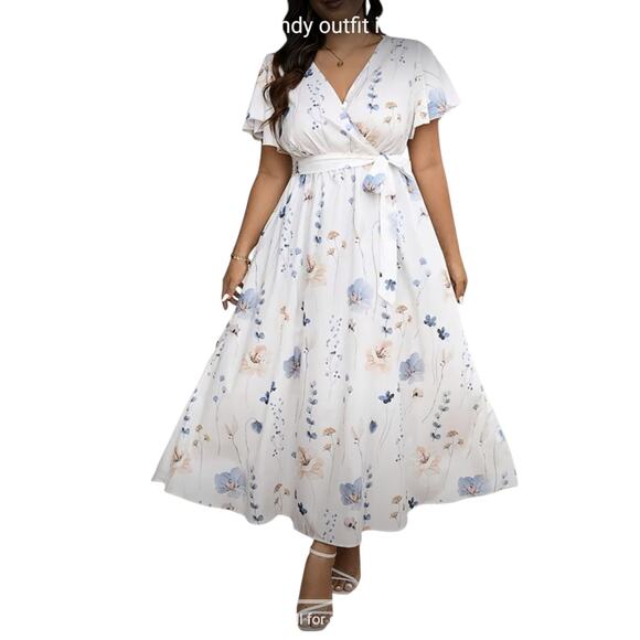 Floral Midi Plus-Size Dress V-Neck Belted Waist White Blue Spring Size 20 - Picture 1 of 7